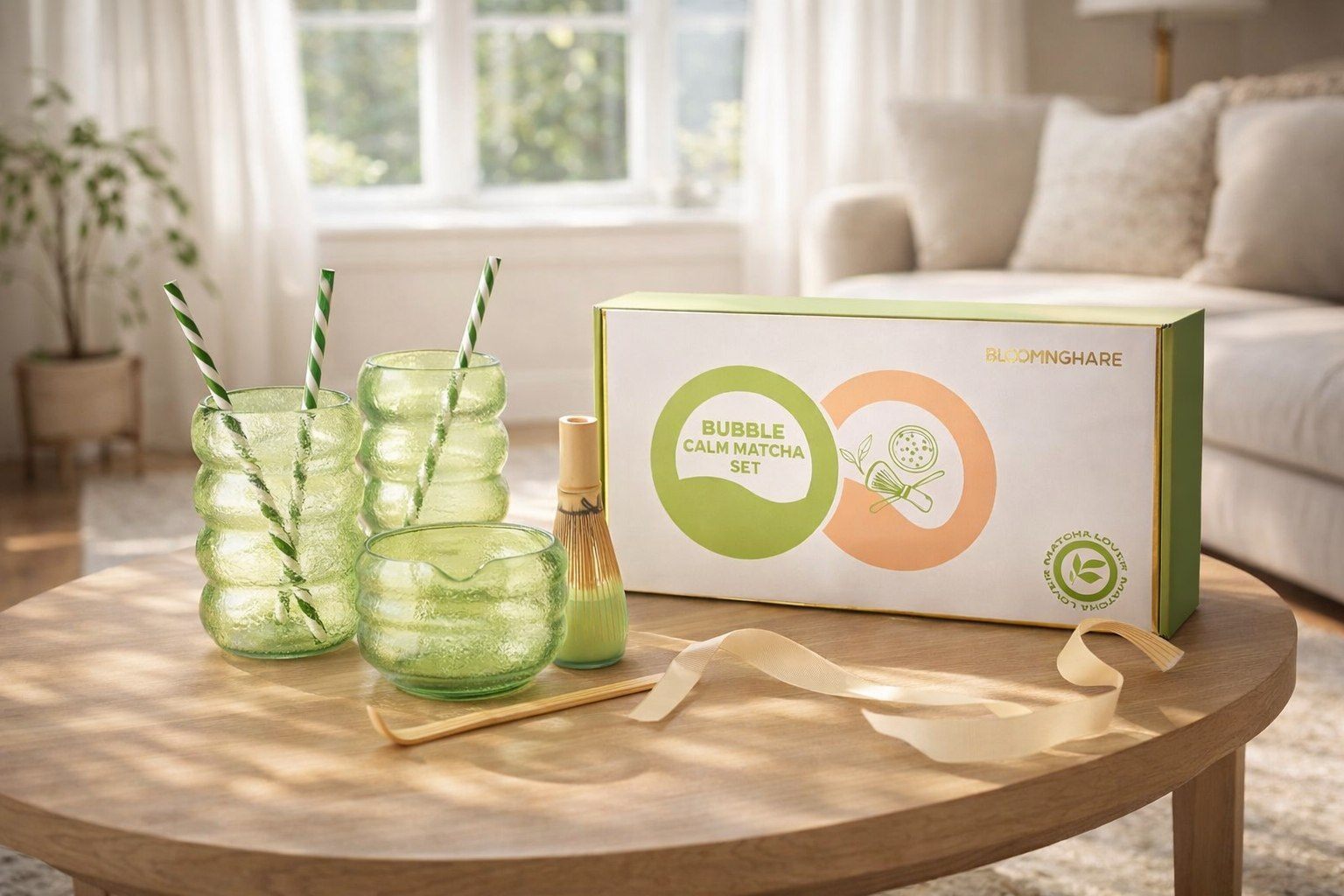 Bloomingware Green Bubble Calm matcha set — sculptural ceramic matcha bowl and whisk stand