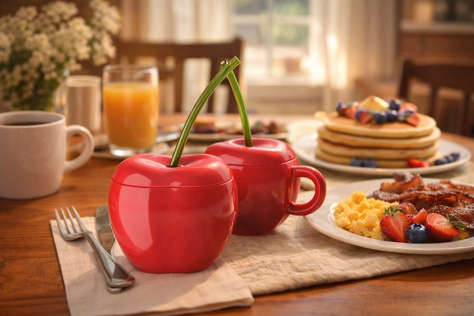 Bloomingware cherry ceramic mugs styled at breakfast table — sweet cherry charm collection