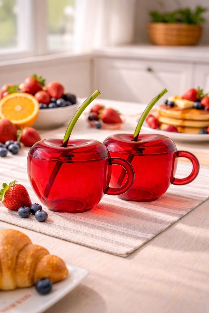Bloomingware cherry mug collection — hand-painted ceramic fruit mugs in red and green