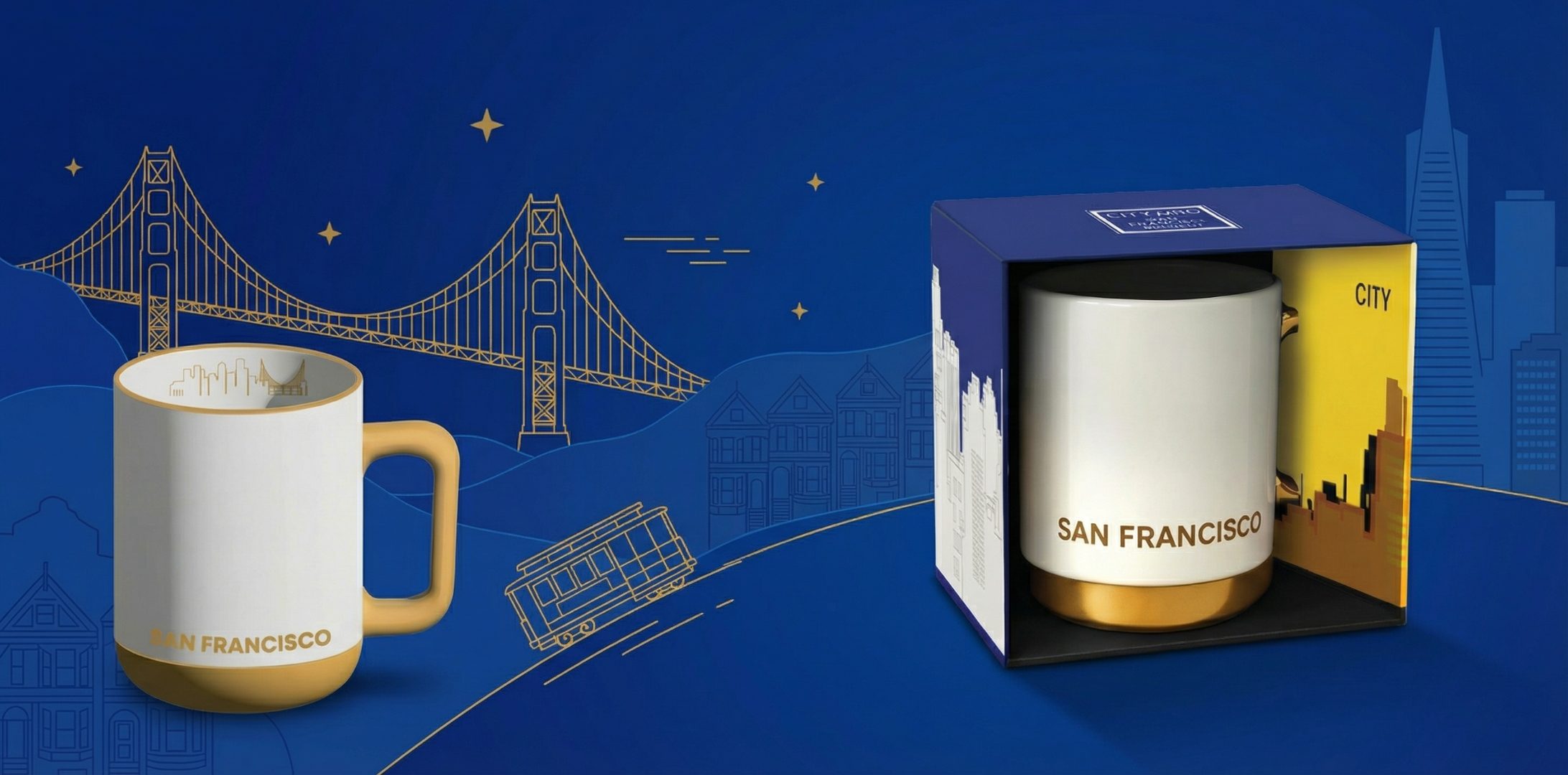 Bloomingware City Collection — San Francisco ceramic mug with Golden Gate Bridge on royal blue