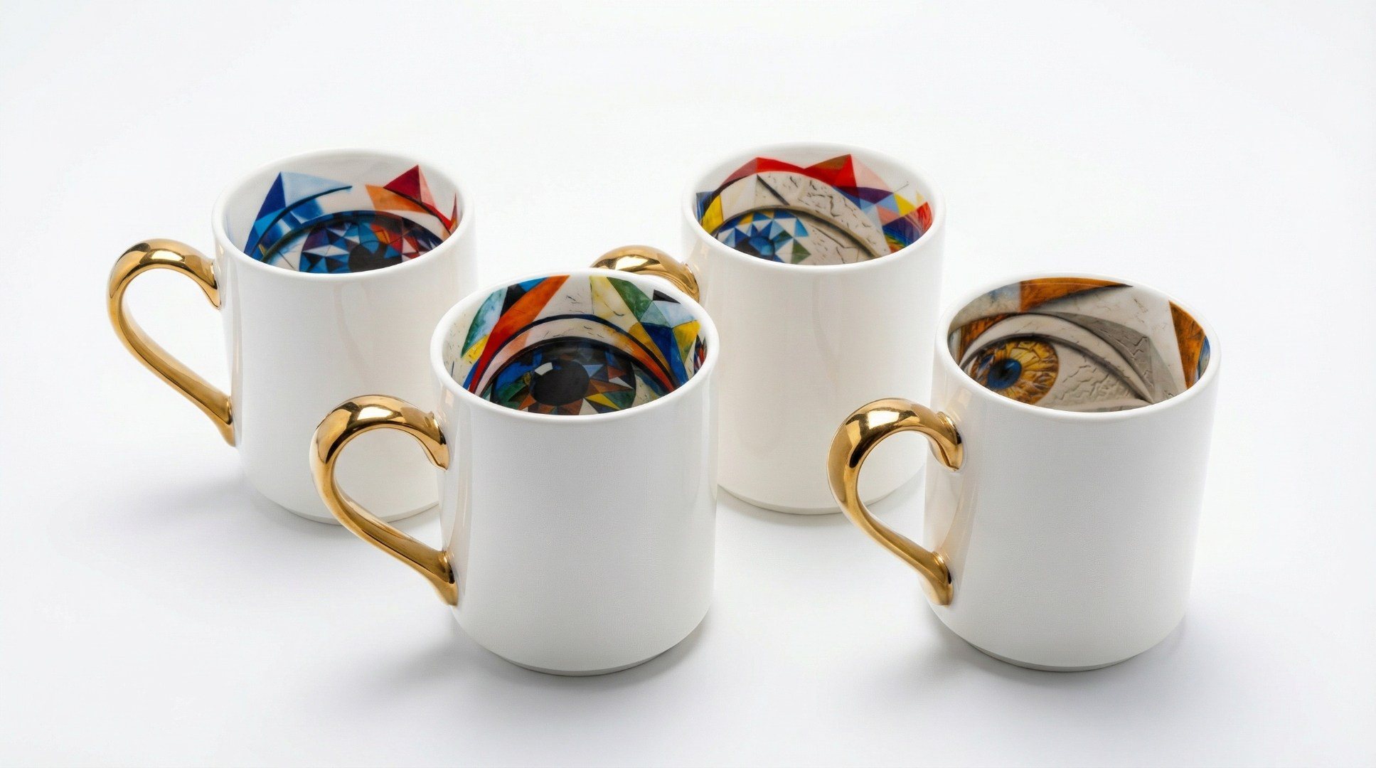 Bloomingware Look Inside Collection — white ceramic mugs with gold handles and hidden interior art