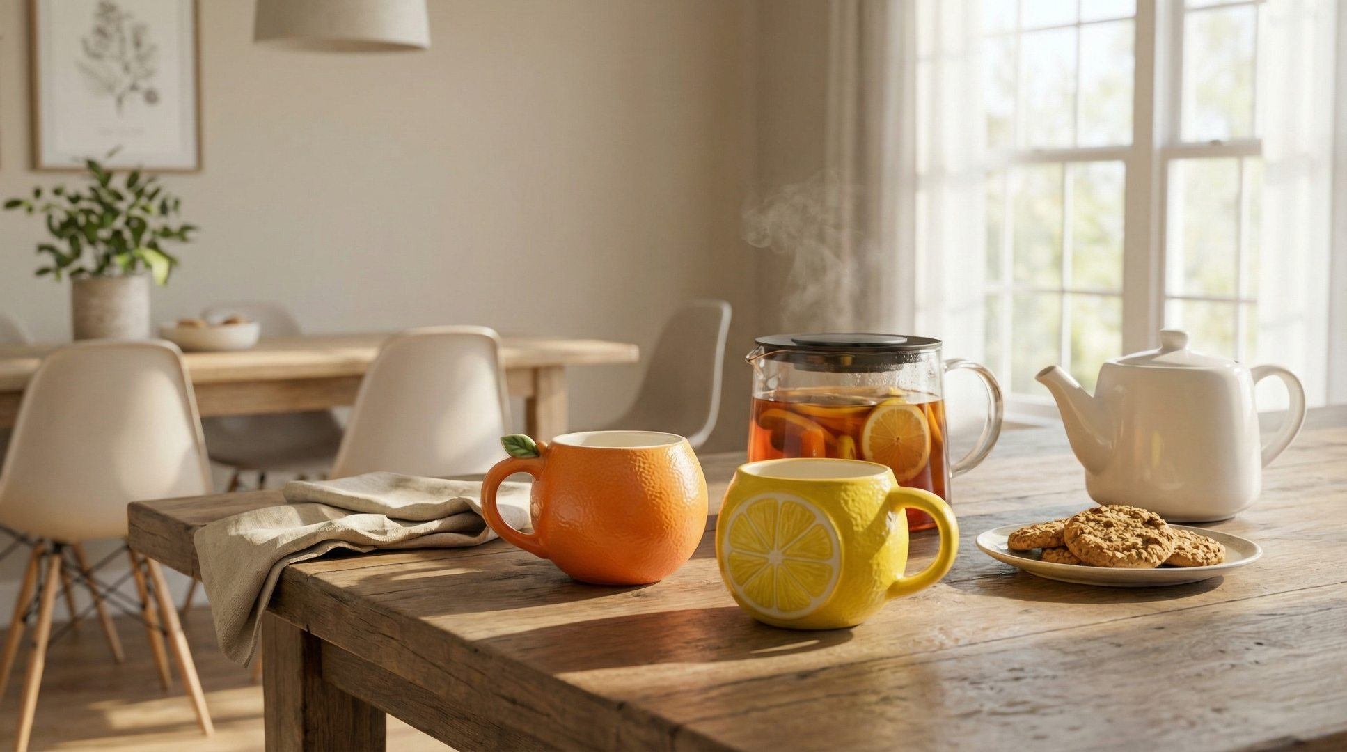 Bloomingware orange and lemon ceramic mugs on a farmhouse table with tea