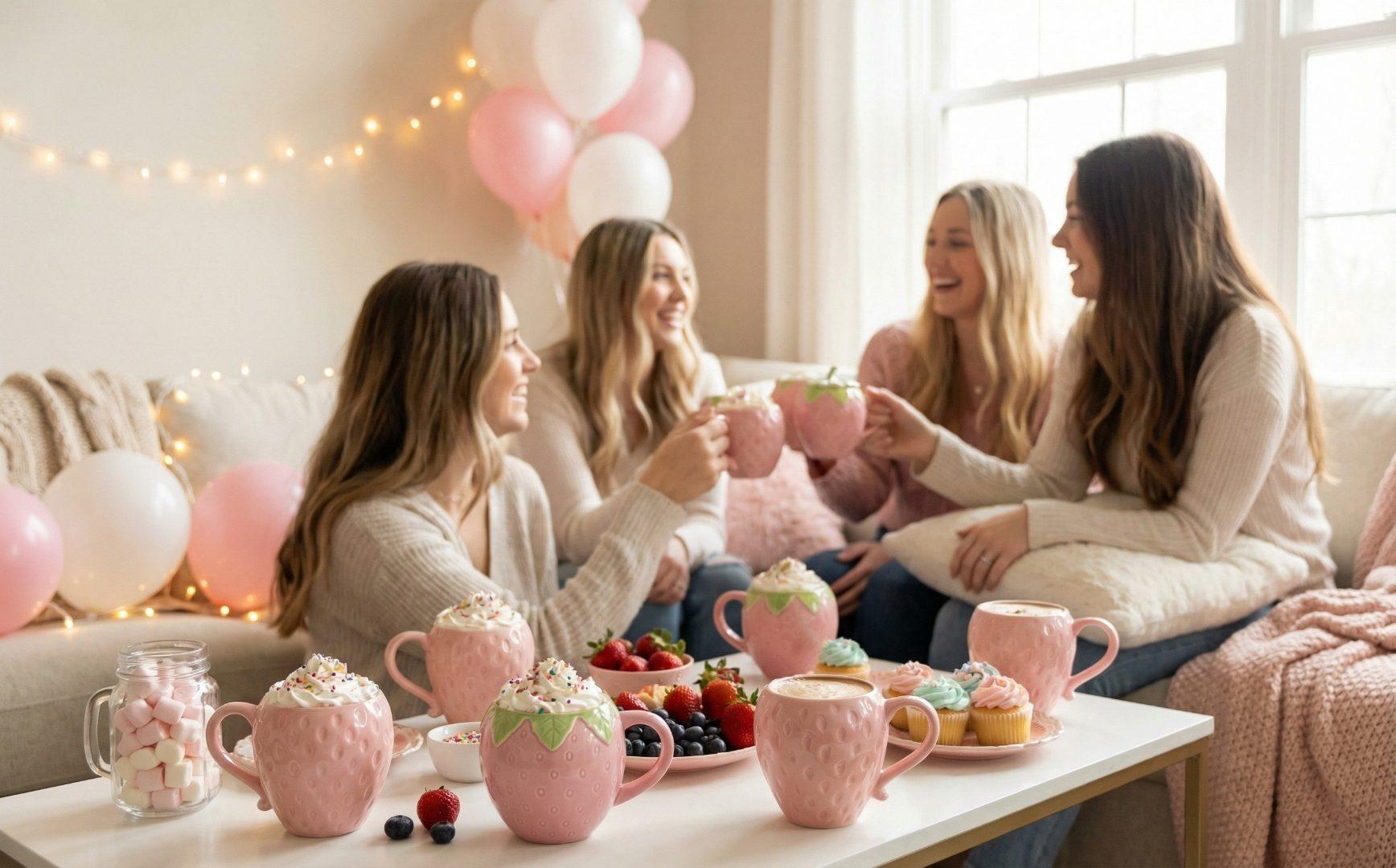 Bloomingware strawberry-themed party setup with fruit ceramic mugs