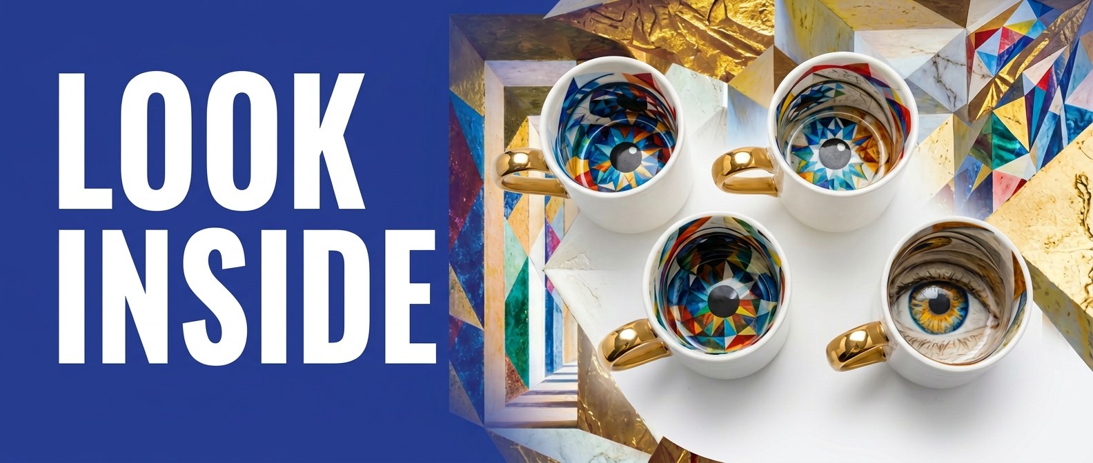 Bloomingware Look Inside Collection — LOOK INSIDE banner with white ceramic mugs and kaleidoscope art