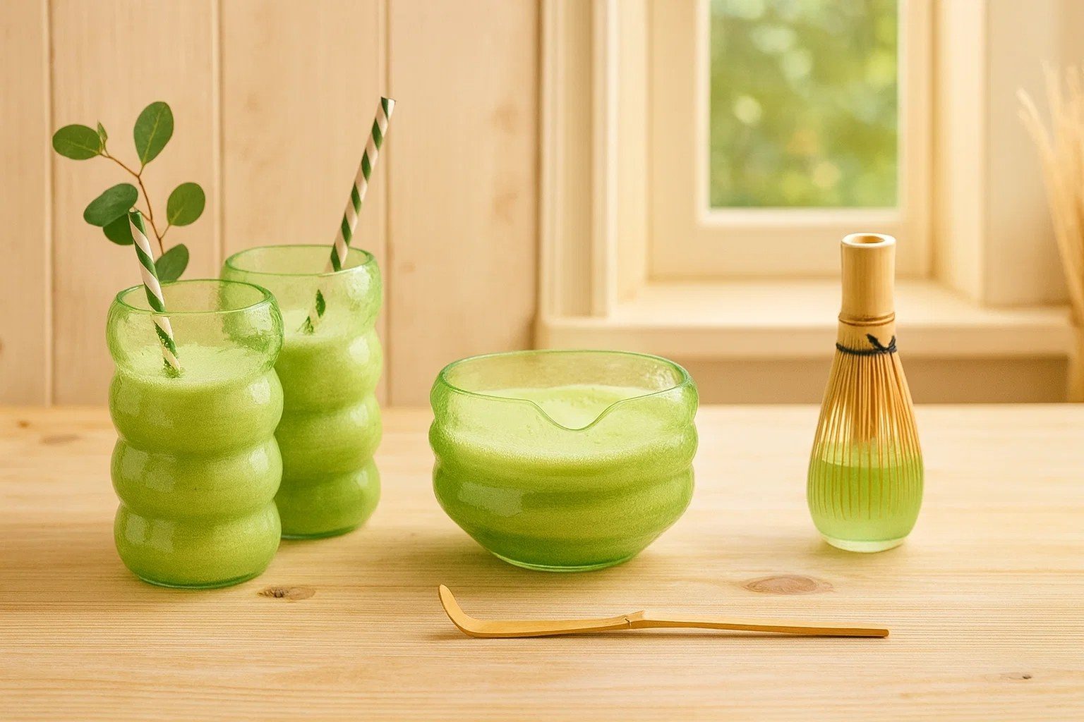 Bloomingware Green Bubble Calm Matcha set lifestyle — sculptural green matcha ceremony drinkware styled on table